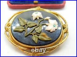 Large Pinchbeck Gold Victorian Pietra Dura Floral Brooch Antique c1860