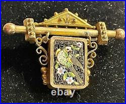 Rare Antique Victorian Italian Gold Micro Mosaic Brooch Bird Floral Pin READ