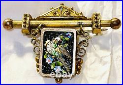 Rare Antique Victorian Italian Gold Micro Mosaic Brooch Bird Floral Pin READ