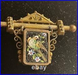 Rare Antique Victorian Italian Gold Micro Mosaic Brooch Bird Floral Pin READ