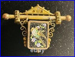 Rare Antique Victorian Italian Gold Micro Mosaic Brooch Bird Floral Pin READ