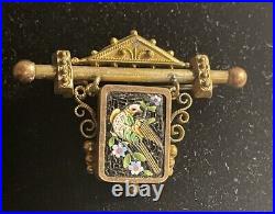 Rare Antique Victorian Italian Gold Micro Mosaic Brooch Bird Floral Pin READ