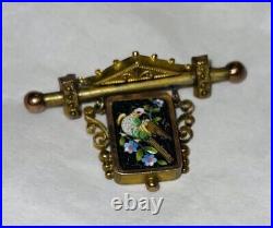 Rare Antique Victorian Italian Gold Micro Mosaic Brooch Bird Floral Pin READ