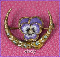 Rare Victorian Enamel and Gold Pansy Cresent Brooch Marked 14k Gold