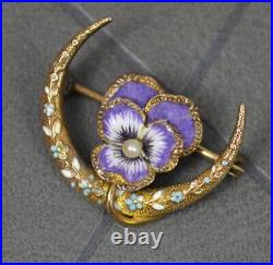 Rare Victorian Enamel and Gold Pansy Cresent Brooch Marked 14k Gold