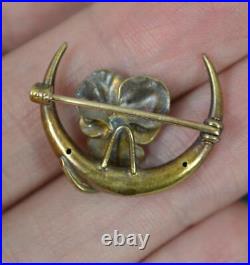 Rare Victorian Enamel and Gold Pansy Cresent Brooch Marked 14k Gold