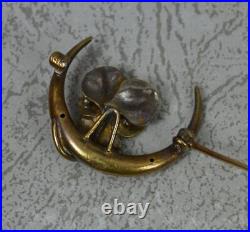 Rare Victorian Enamel and Gold Pansy Cresent Brooch Marked 14k Gold