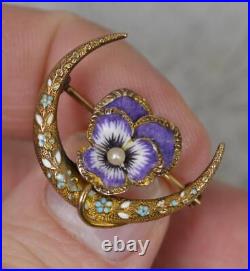 Rare Victorian Enamel and Gold Pansy Cresent Brooch Marked 14k Gold