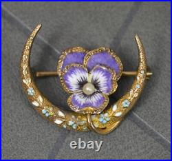 Rare Victorian Enamel and Gold Pansy Cresent Brooch Marked 14k Gold