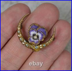 Rare Victorian Enamel and Gold Pansy Cresent Brooch Marked 14k Gold