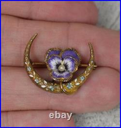 Rare Victorian Enamel and Gold Pansy Cresent Brooch Marked 14k Gold