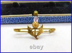 Scottish Victorian 15ct Yellow Gold & Amethyst Thistle Sweetheart Brooch Antique