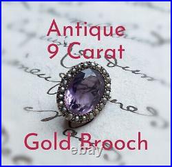 Small ANTIQUE VICTORIAN 9ct K Carat Gold Amethyst & SEED PEARL BROOCH PENDANT