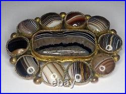 Stunning large antique Victorian Scottish Banded Agate Gold Gilt Brooch