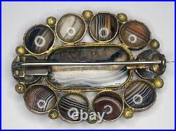 Stunning large antique Victorian Scottish Banded Agate Gold Gilt Brooch