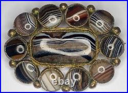 Stunning large antique Victorian Scottish Banded Agate Gold Gilt Brooch