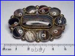 Stunning large antique Victorian Scottish Banded Agate Gold Gilt Brooch