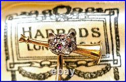 Superb Victorian 15ct Gold Ruby Eyed Diamond Fox Brooch / Tie Pin. Harrods Box