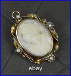 Victorian 10ct Gold Hand Carved Cameo and Seed Pearl Brooch