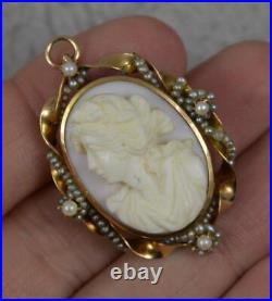 Victorian 10ct Gold Hand Carved Cameo and Seed Pearl Brooch