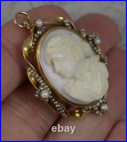 Victorian 10ct Gold Hand Carved Cameo and Seed Pearl Brooch