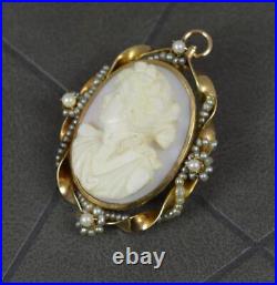 Victorian 10ct Gold Hand Carved Cameo and Seed Pearl Brooch