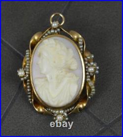 Victorian 10ct Gold Hand Carved Cameo and Seed Pearl Brooch