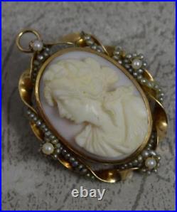 Victorian 10ct Gold Hand Carved Cameo and Seed Pearl Brooch