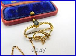 Victorian 15ct Gold, Tourmaline & Seed Pearl Swirl Sweetheart Brooch c1860