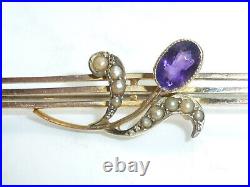 Victorian 9ct Gold Amethyst Pearl Bar Brooch