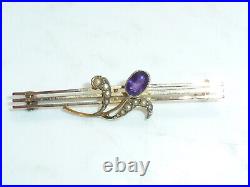 Victorian 9ct Gold Amethyst Pearl Bar Brooch