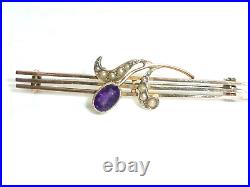 Victorian 9ct Gold Amethyst Pearl Bar Brooch