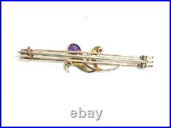 Victorian 9ct Gold Amethyst Pearl Bar Brooch