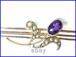 Victorian 9ct Gold Amethyst Pearl Bar Brooch