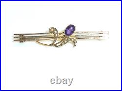 Victorian 9ct Gold Amethyst Pearl Bar Brooch