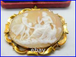 Victorian 9ct Gold Carved Shell'Jupiter & Juno' Classical Cameo Brooch Antique