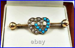 Victorian 9ct Gold Pearl & Turquoise Double Heart Brooch Hallmarked