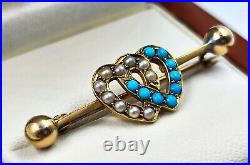 Victorian 9ct Gold Pearl & Turquoise Double Heart Brooch Hallmarked