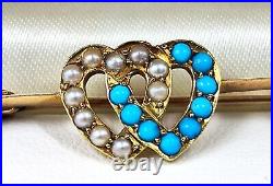 Victorian 9ct Gold Pearl & Turquoise Double Heart Brooch Hallmarked