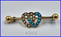 Victorian 9ct Gold Pearl & Turquoise Double Heart Brooch Hallmarked