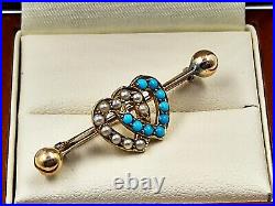 Victorian 9ct Gold Pearl & Turquoise Double Heart Brooch Hallmarked