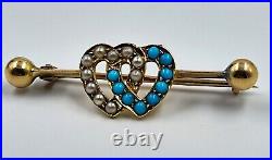 Victorian 9ct Gold Pearl & Turquoise Double Heart Brooch Hallmarked