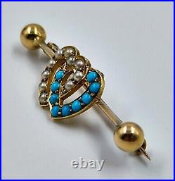 Victorian 9ct Gold Pearl & Turquoise Double Heart Brooch Hallmarked