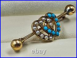 Victorian 9ct Gold Pearl & Turquoise Double Heart Brooch Hallmarked