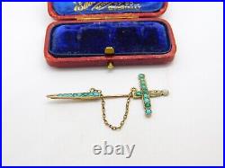 Victorian 9ct Rose Gold, Turquoise & Seed Pearl Sword Form Lapel Brooch c1840