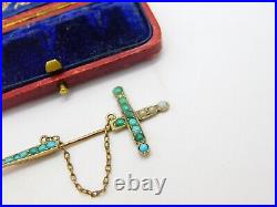 Victorian 9ct Rose Gold, Turquoise & Seed Pearl Sword Form Lapel Brooch c1840