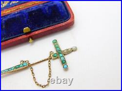 Victorian 9ct Rose Gold, Turquoise & Seed Pearl Sword Form Lapel Brooch c1840