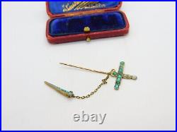 Victorian 9ct Rose Gold, Turquoise & Seed Pearl Sword Form Lapel Brooch c1840