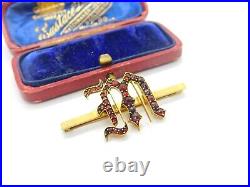 Victorian 9ct Yellow Gold Bohemian Garnet Set'M Initial Brooch Antique c1860