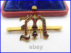 Victorian 9ct Yellow Gold Bohemian Garnet Set'M Initial Brooch Antique c1860